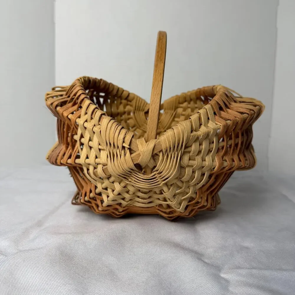 Handwoven Star Base Flat Reed Basket Two Tone Open Weave Bentwood Handle Artisan